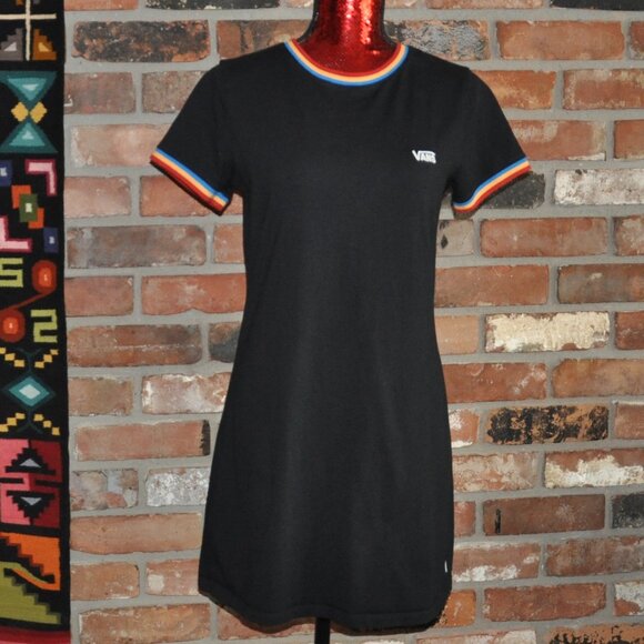 Vans Black Pull-Over Mini T-Shirt Dress Multi-color trim Small - Picture 1 of 7